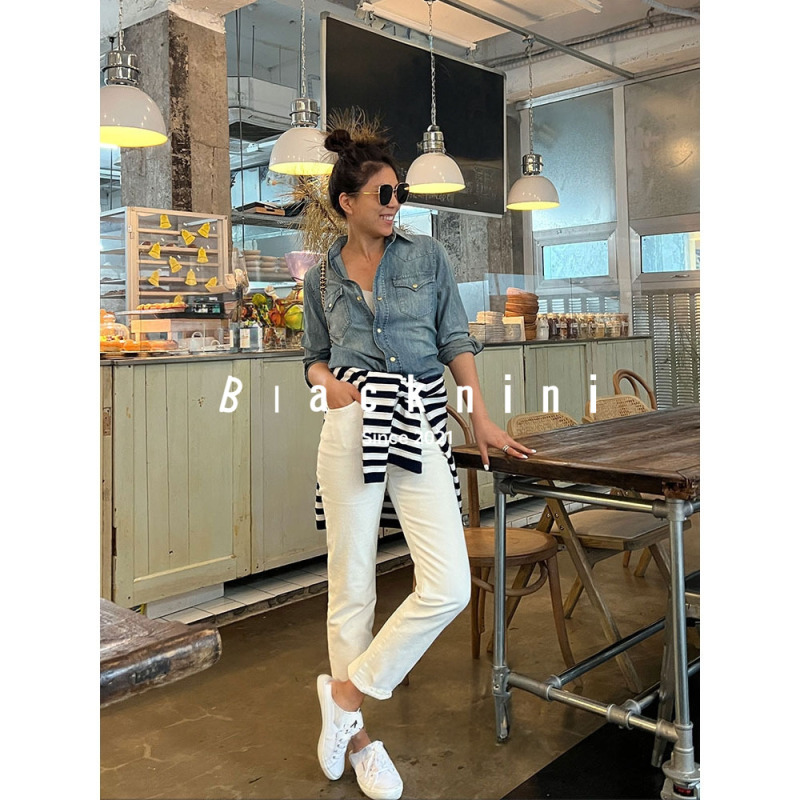 Blacknini Yin Huawu Turkish Fabric Vintage Slightly Stretchy Straight Slim Fit White Jeans