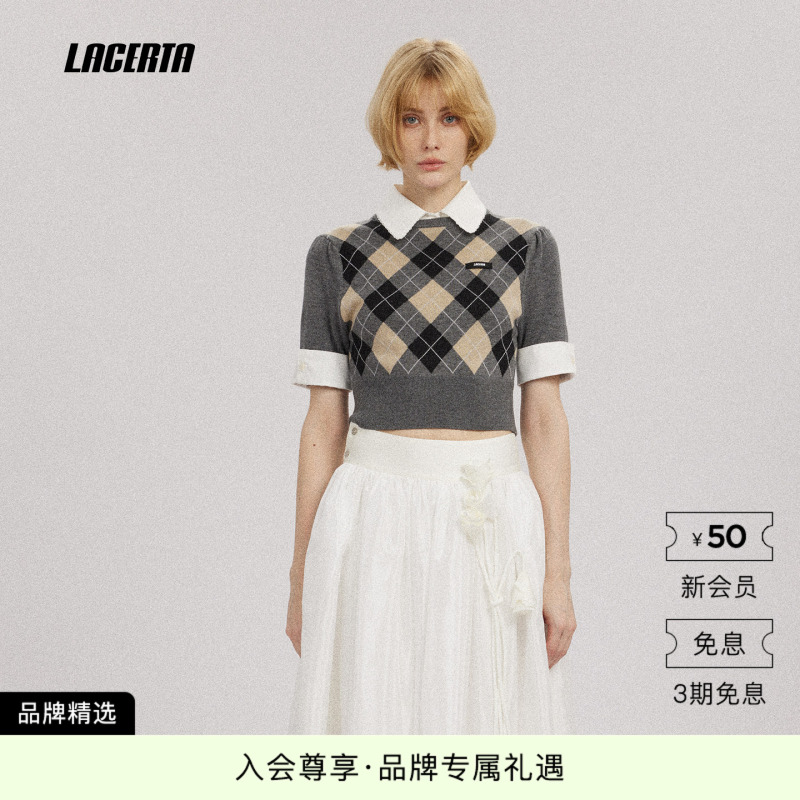 Lacerta/Lacerta 2026 Autumn New Product Diamond Pattern Patchwork Shirt Collar Fake Two-Piece Knitted Short-Sleeve Top Lacerta/Lacerta 2026 Autumn New Product Diamond Pattern Patchwork Shirt Collar Fake Two-Piece Knitted Short-Sleeve Top