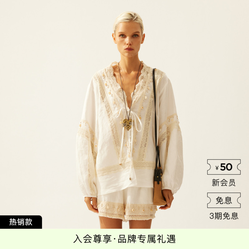 [Same Style as Wu Xin] Lacerta2026 Summer Lace Shell Webbing Top V-Neck Linen Shirt A-Line Shorts