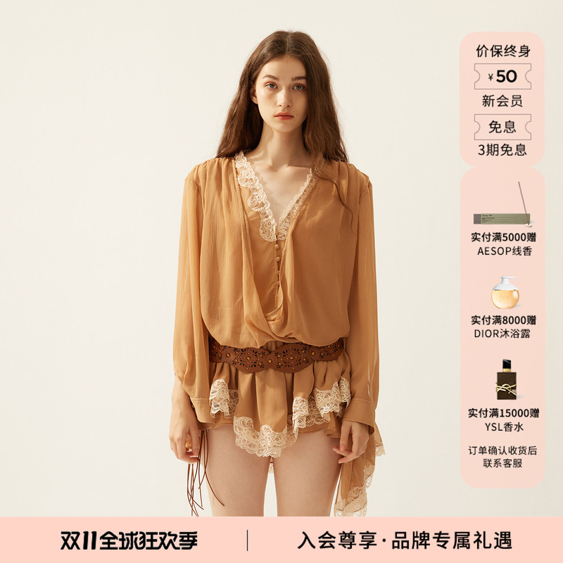 [Same Style as Chen Yao] Lacerta/Lacerta Summer V-Neck Lace Patchwork Dress Women's Long-Sleeve Shirt Dress