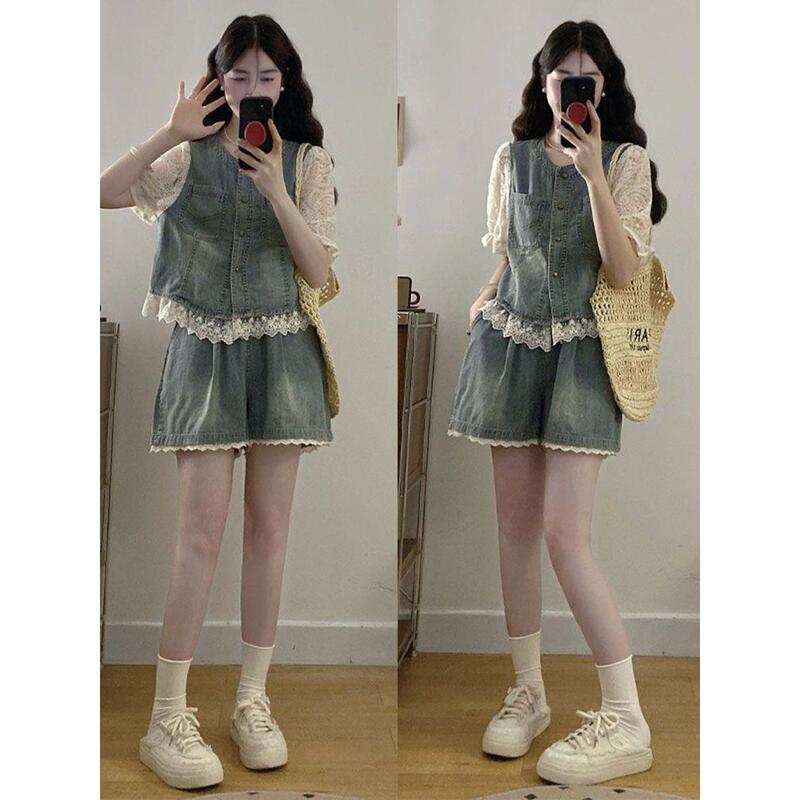 Unique Design, Extremely Slimming Set for Women, Lace Splicing Denim Top, Wide-Leg Shorts Two-Piece Set, 2026 Summer New