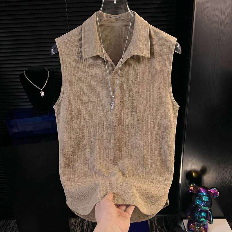 Men's Summer Trendy New Breathable Fashion Casual Shirt with a Textured Design and a Stylish Lapel Sleeveless Vest Shirt