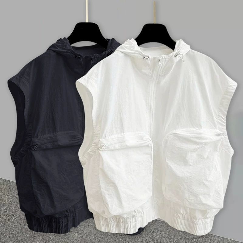 Zippered Hooded Sleeveless T-Shirt, Summer Korean Style Workwear, Simple Three-Dimensional Pocket Design, Couple Style, Unisex