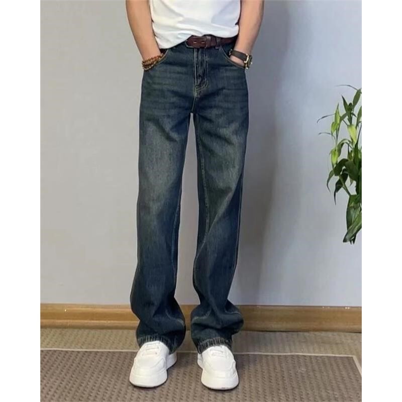 Leather Quality Men's Straight Jeans, Retro Washed Long Pants, Fashionable High Street High Quality Loose Casual Pants