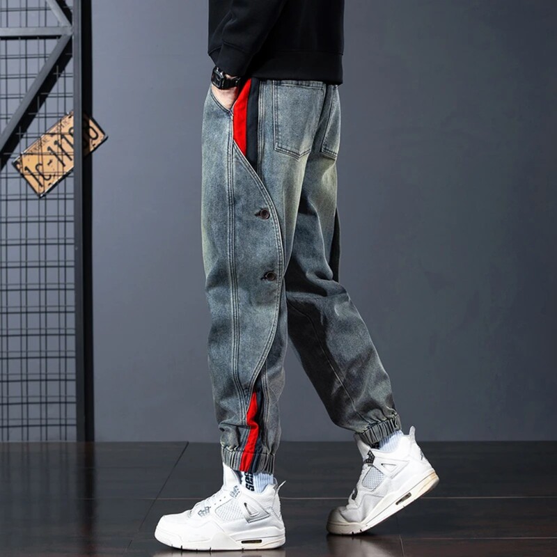 Vintage American-Style Trendy Pants with Patchwork Denim, Loose-Fitting Jogger Pants for Autumn and Winter, Fleece-Lined Workwear Casual Pants, Plus-Size Harem Pants