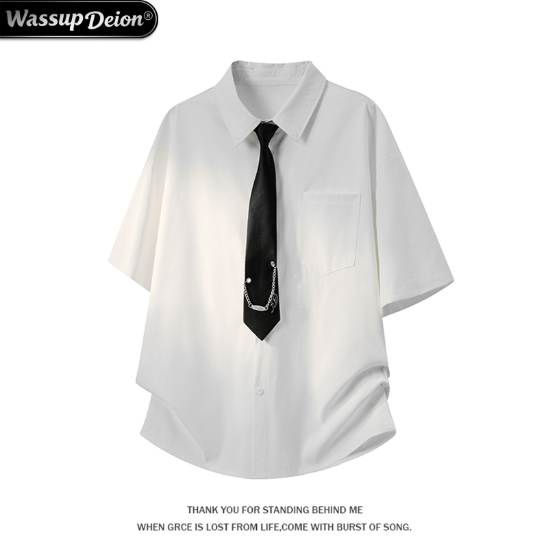 Wassup Deion Preppy Style Short-Sleeved Shirt for Men, Summer Lapel Detachable Metal Chain Tie Short-Sleeved Shirt