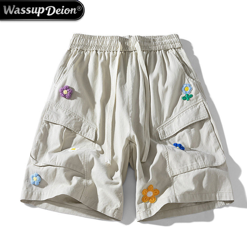 Wassup Deion American Style Work Shorts for Men, Summer Pure Cotton Casual Shorts with Multiple Pockets and Embroidery, Beach Shorts for Men