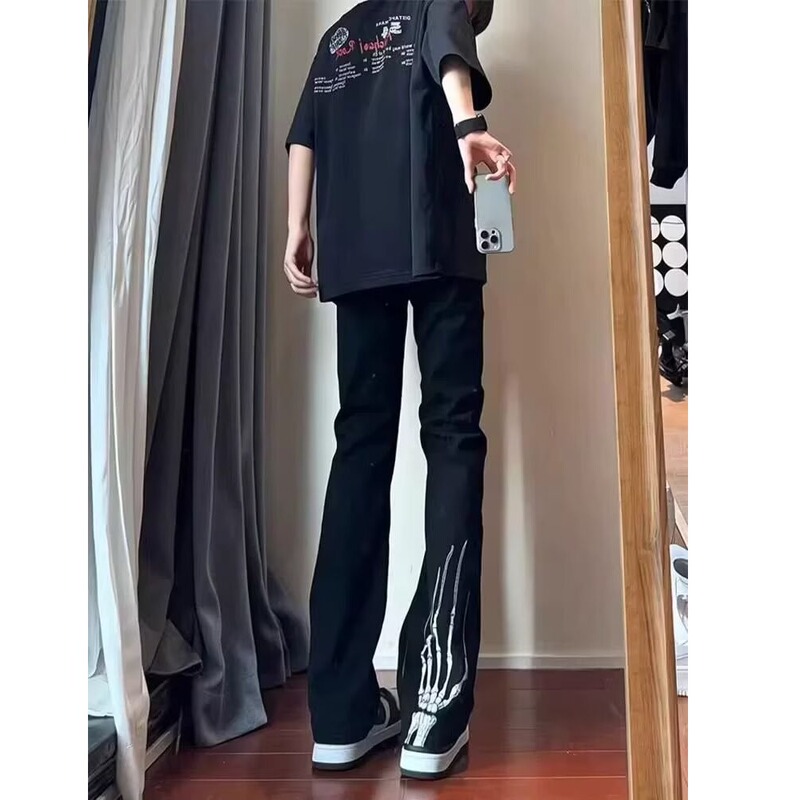 European and American High Street Vibe Pants with Skull Claw Embroidery, Cool and Stylish Men's Jeans, Autumn Flared Straight-Leg Pants European and American High Street Vibe Pants with Skull Claw Embroidery, Cool and Stylish Men's Jeans, Autumn Flared Straight-Leg Pants