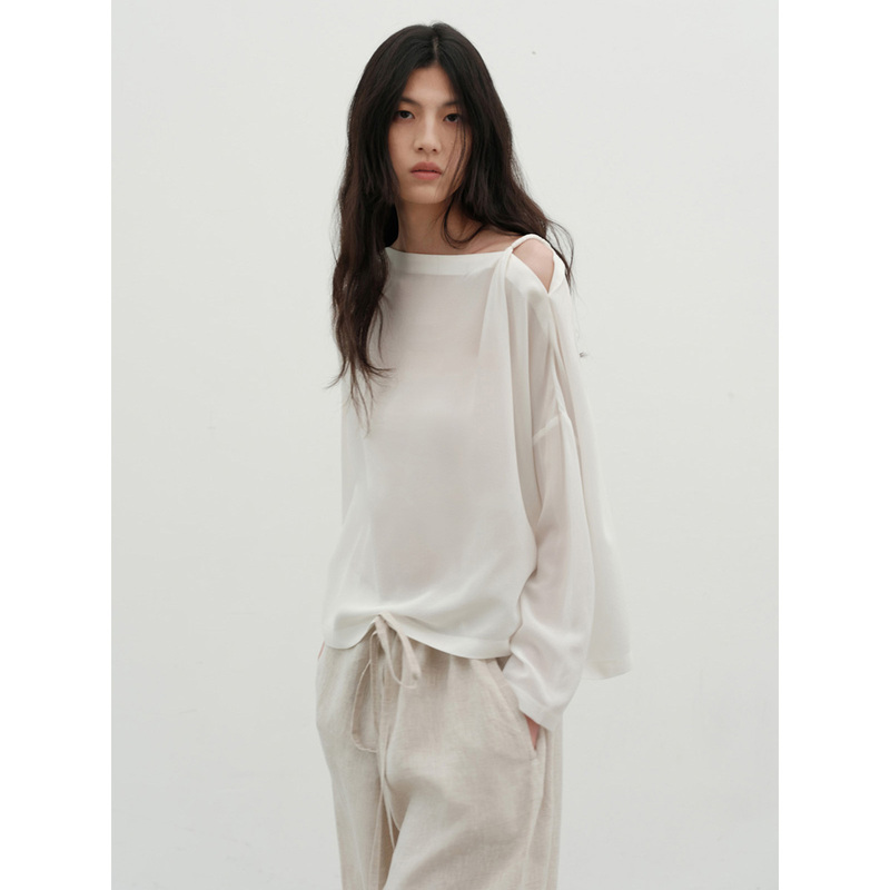 Arttowear Imported Silk Mulberry Silk Asymmetrical Off-Shoulder One-Line Collar Slimming Long-Sleeved Shirt Top for Women Summer Arttowear Imported Silk Mulberry Silk Asymmetrical Off-Shoulder One-Line Collar Slimming Long-Sleeved Shirt Top for Women Summer