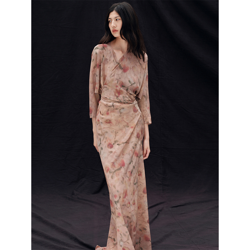 Arttowear Imported Gradient Silk Cloud Rose Mulberry Silk Waist-Cinching V-Neck Wrap Long Dress for Women