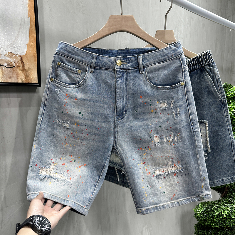 New Style Denim Shorts with Spray Paint and Ink Splatter, Men's Trendy Slim-Fit Summer Washed Distressed Five-Point Shorts