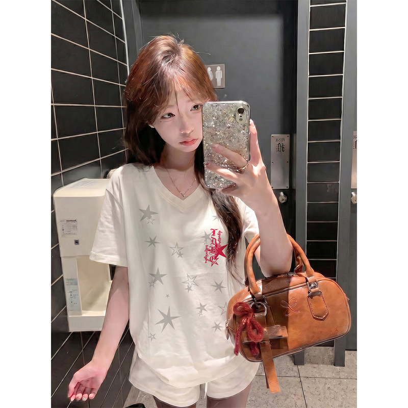 Yzrf Star Letter Print V Neck Short-Sleeved T-Shirt Summer 2026 New American Retro Loose Slimming Top Trendy Yzrf Star Letter Print V Neck Short-Sleeved T-Shirt Summer 2026 New American Retro Loose Slimming Top Trendy