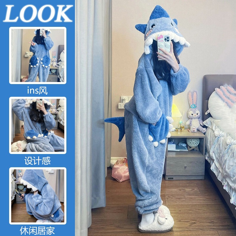 Shark One-Piece Pajamas Plush Outfit Coral Fleece 2026 New Style Can Be Worn Outside Cartoon Cute Female Quirky Winter Sleeping Bag