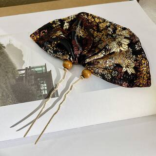 New Chinese-Style Retro Brocade Embroidery Pattern Double-Pronged Hairpin, Hanfu Fan-Shaped Hairpin, Hairpin for Updo, Hair Accessory