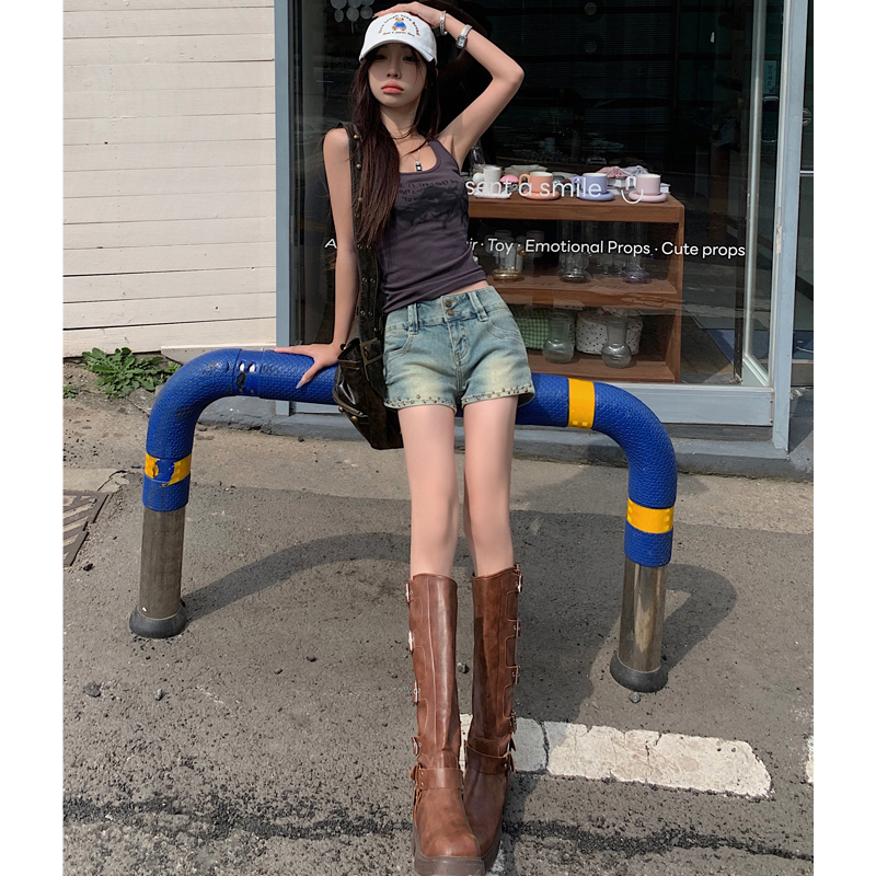 Zsfa Low-Waisted Shorts for Women, Sweet and Spicy American Punk Style, Fashionable Hot Girl Rivet Curve Elastic Comfortable Denim Shorts