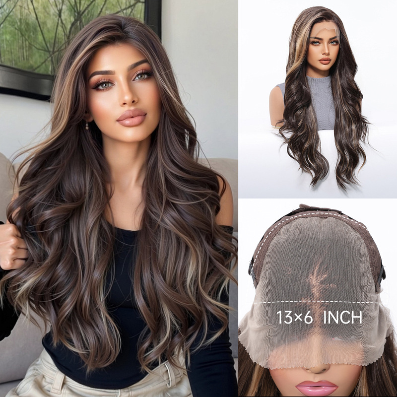 Hot-Selling 13X6 Large-Area Lace Wig with Imported High-Temperature Fiber, Deep Brown Long Curly Hair, Realistic and Breathable Wig Cap