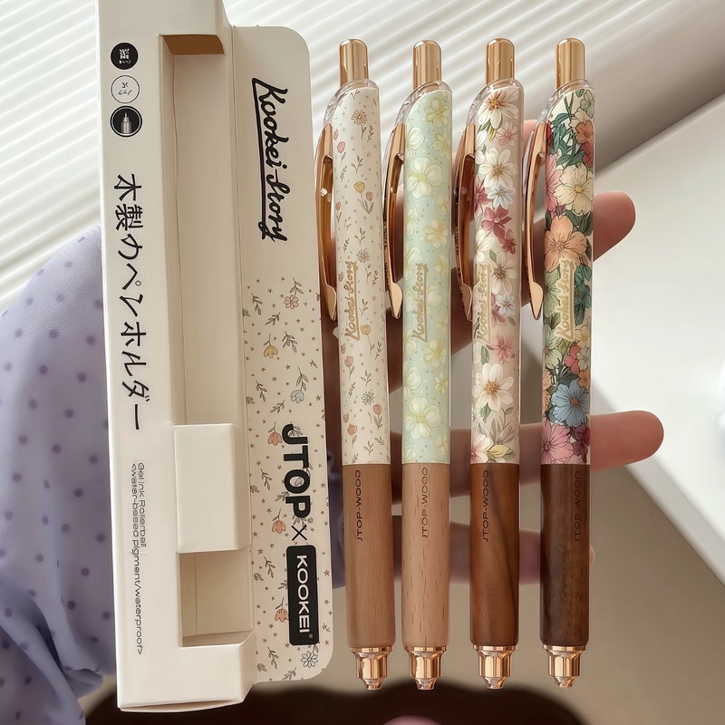 Kookei×Jtop Retro Floral Wooden Retractable Gel Pen, High Aesthetic Value, ins Imperial Garden Student Writing