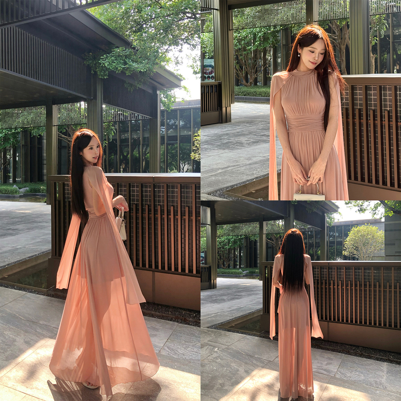 【Soft Mist Flowing Gauze】Summer Goddess Hazy Long Dress Women's Mesh Elegant Dress with Streamers Fairy A-Line Skirt