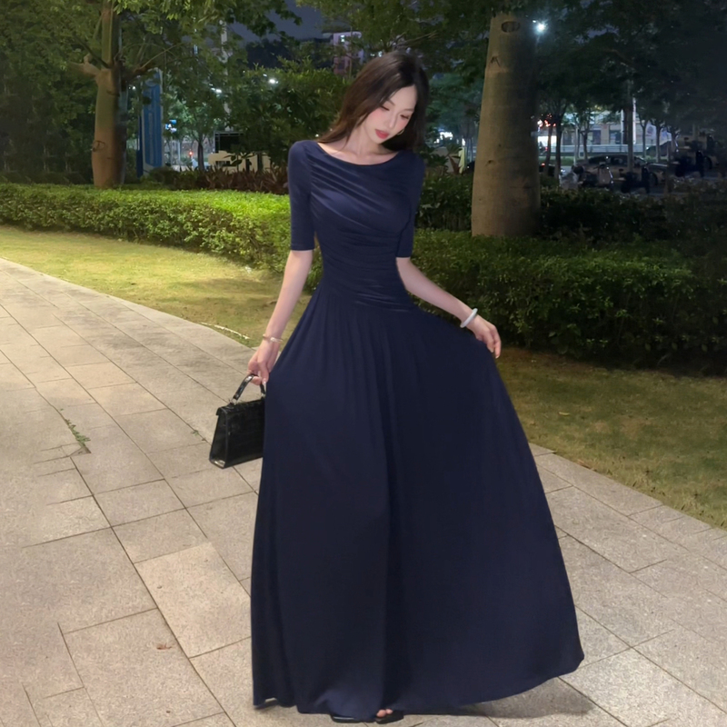 【Corn】New Style Elegant Pleated Navy Blue Long Dress Summer Navy Blue Mid-Sleeve Dress Waist-Cinching A-Line Skirt 【Corn】New Style Elegant Pleated Navy Blue Long Dress Summer Navy Blue Mid-Sleeve Dress Waist-Cinching A-Line Skirt