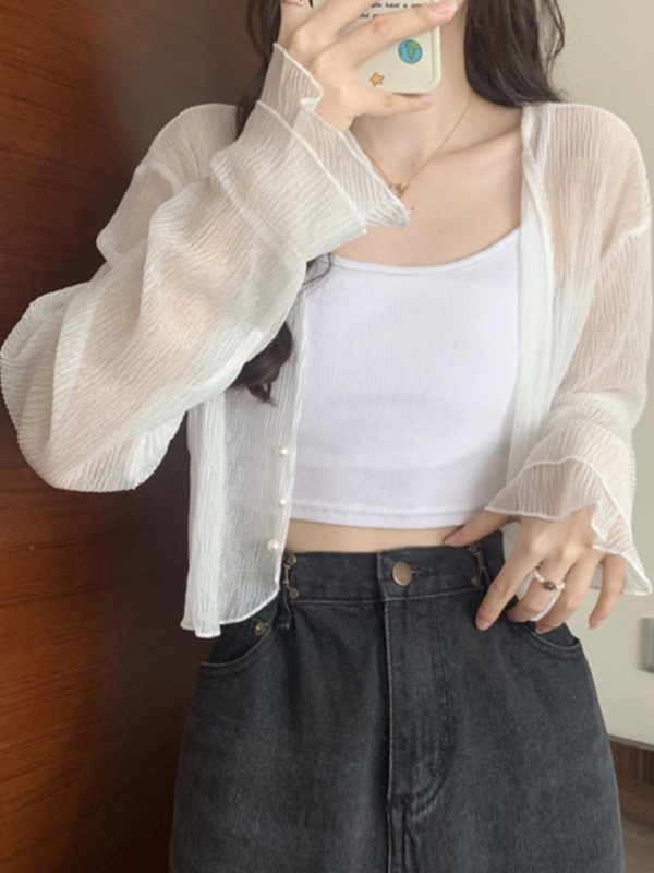 White Sheer Ice Silk Sun Protection Cardigan for Women, Summer Short Shawl, Outerwear, French-Style Unique and Delicate Top