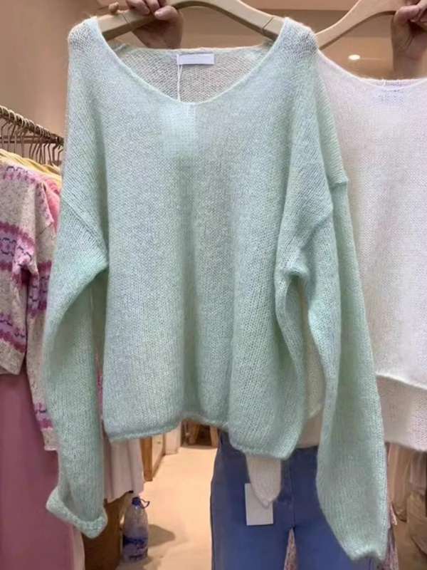 Green Mohair Soft Sweater for Women, Lazy Style, Autumn and Winter Loose V-Neck Thin Knit Top, Long-Sleeved Pullover