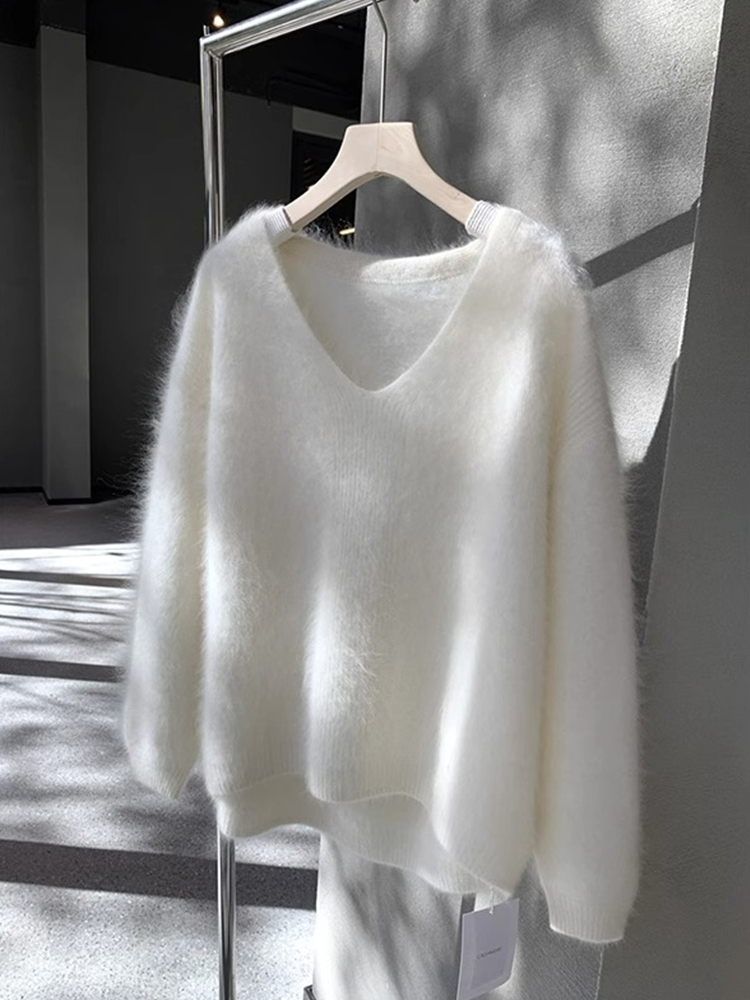 ホワイトのVネックプルオーバー、柔らかいワックスセーター、女性用、秋冬新作、厚手、ゆったり、ゆったりスタイル、長袖、ミンクフリース風トップス