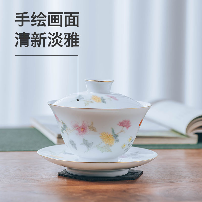 Get in tureen three to make tea tureen jingdezhen household thin foetus hand - made floral fragrant tea tureen large size