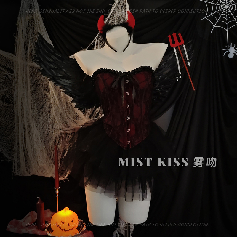 Kiss Demon Night Song* Halloween Cosplay Costume for Women, Strapless Fishbone Corset with Front Buckle Vest, Qq Little Devil Short Skirt