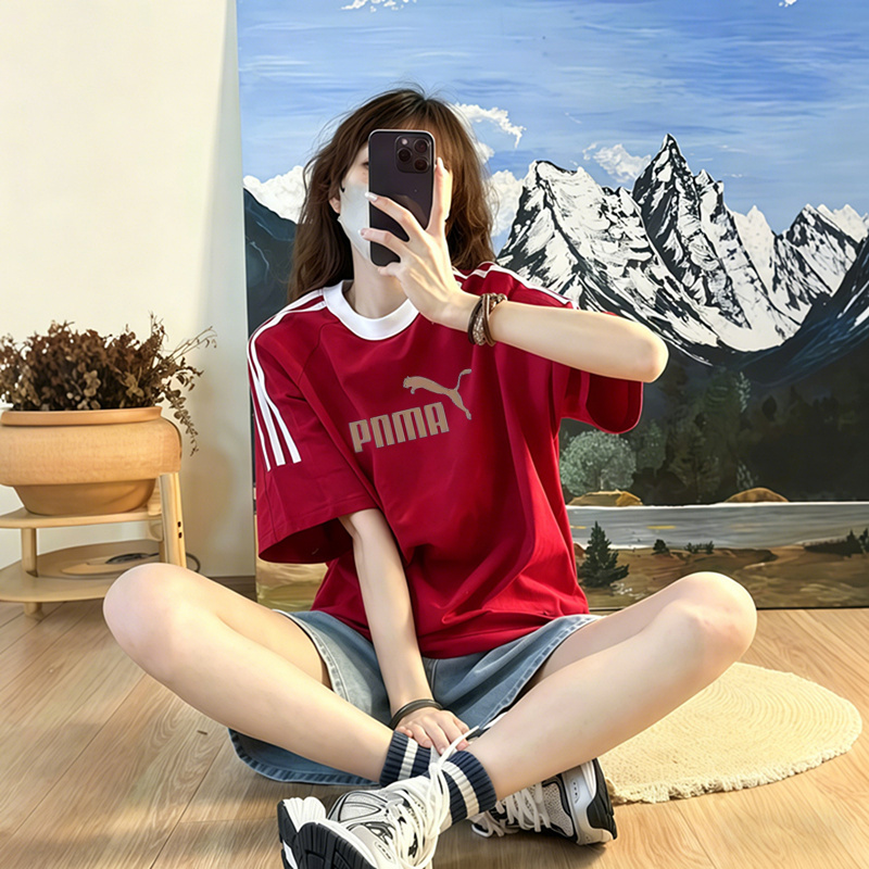 Outlet Genuine Heavyweight Pure Cotton American-Style Short-Sleeve Three-Stripe T-Shirt for Men and Women, Summer Loose and Versatile Casual Wear