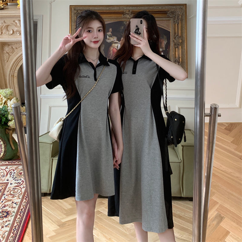 Summer Plus-Size Color-Block Polo Collar Short-Sleeve T-Shirt Dress for Women, Waist-Cinching, Slimming, Pure and Sexy A-Line Dress Summer Plus-Size Color-Block Polo Collar Short-Sleeve T-Shirt Dress for Women, Waist-Cinching, Slimming, Pure and Sexy A-Line Dress