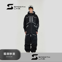 Smooth Line Black Fluorescent Striped Ski Wear Single and Double Board Waterproof Breathable Unisex Suit