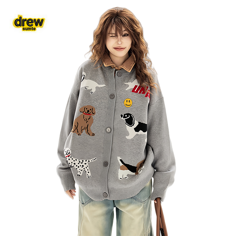 Drew Sumte Smiling Face American Style Gray Puppy Knitted Sweater Jacket for Women, Loose Fit Cardigan for Autumn and Winter