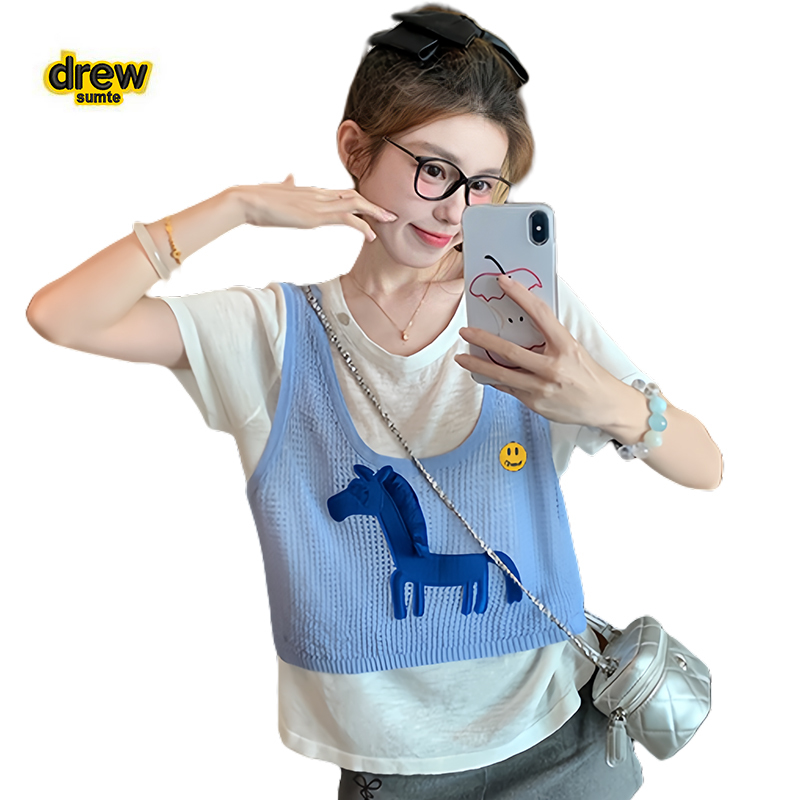 Drew Sumte Smiling Face Blue Cartoon Pony Short-Sleeved T-Shirt Women's Summer Fashion Loose Fake Two-Piece Top