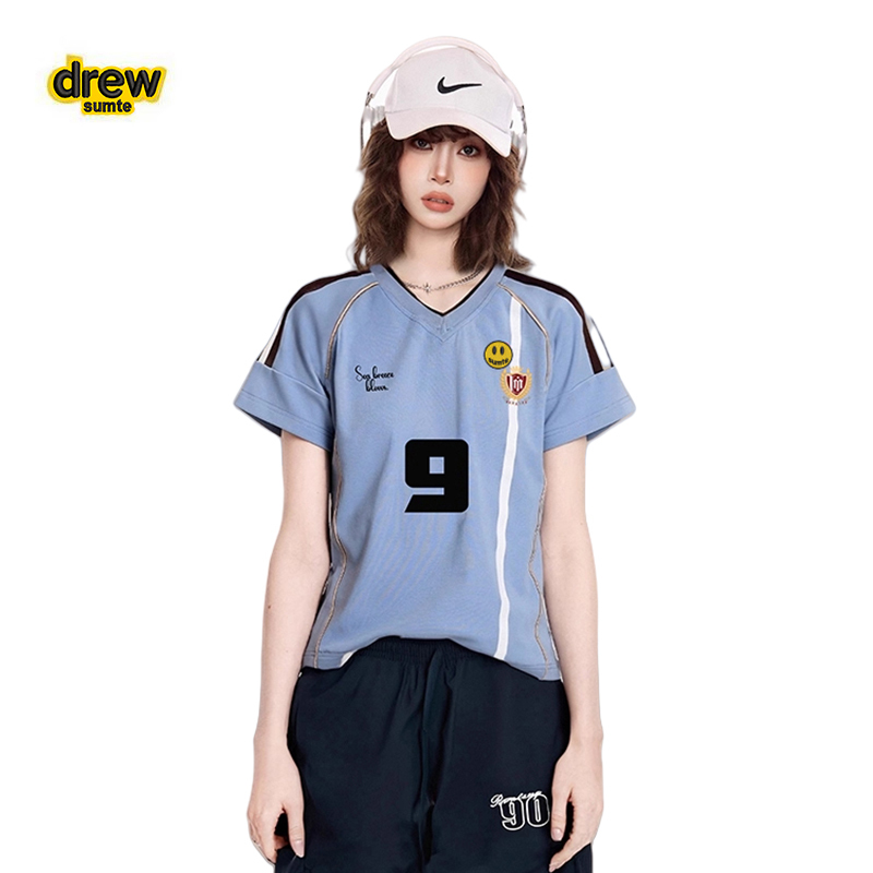 Drew Sumte Smiling Face Women's Summer Black V-Neck Raglan Regular Shoulder Slim Fit Short Hot Girl Sports Jersey T-Shirt Drew Sumte Smiling Face Women's Summer Black V-Neck Raglan Regular Shoulder Slim Fit Short Hot Girl Sports Jersey T-Shirt