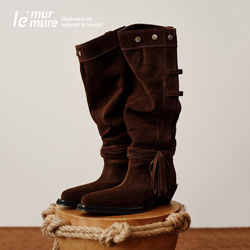 Le' Murmure Relaxation Aesthetics Winter New Layered Riding Boots Cow Suede Long Boots Tassel Western Boots