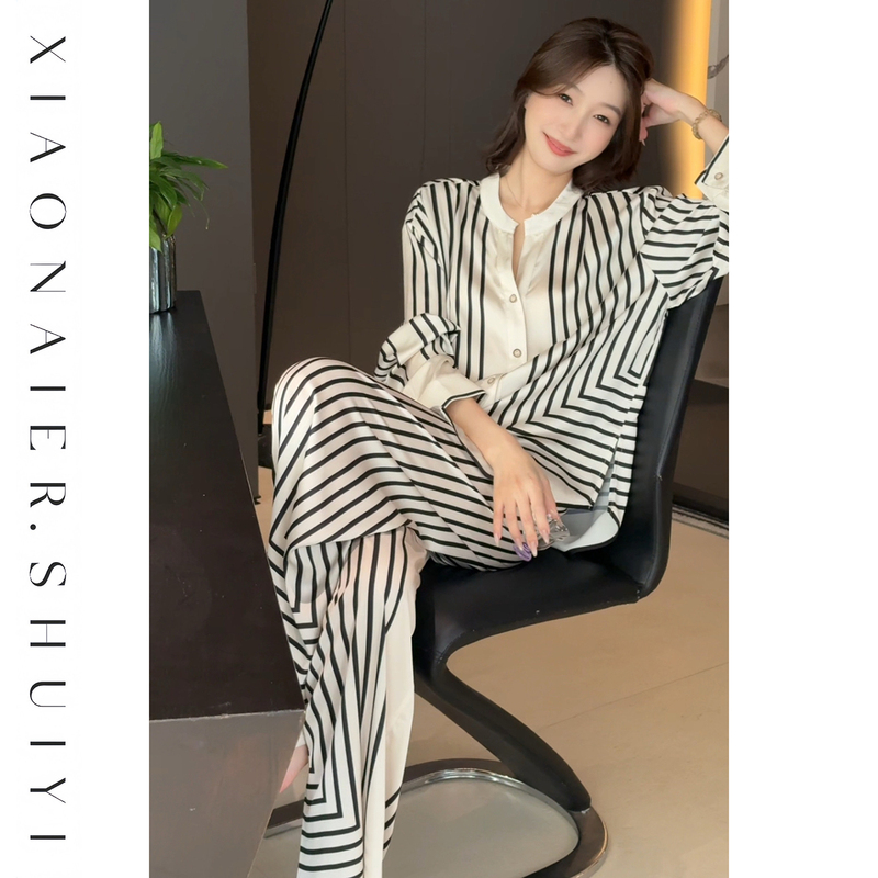 【Black and White Prologue】Old Money Style High-End Pajamas Long Sleeve Long Pants for Women, Slimming and Suitable for Wearing Outside