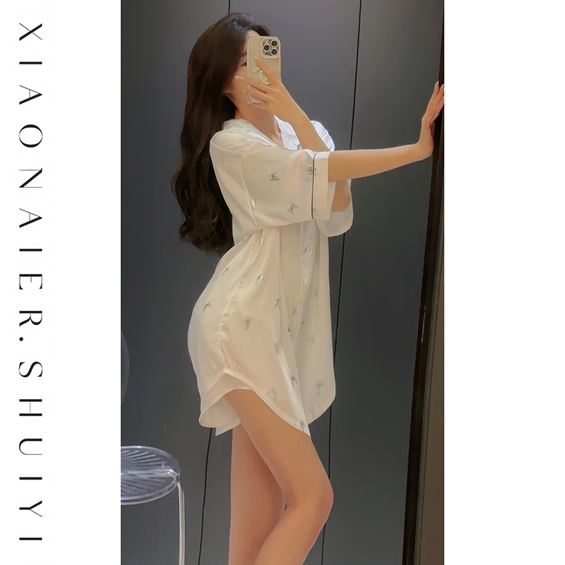 [Butterfly Love of Light and Shadow] Snow Silk Shirt Nightdress for Women, New Fashion Korean Style Homewear, Pure Desire Style Pajamas