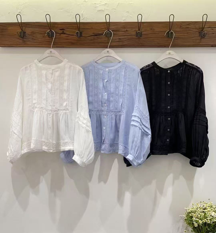 Mb Japanese Style Ramie Retro Lace Loose Long-Sleeved Babydoll Shirt Short Shirt Women's Length 55 Bust 114 Mb Japanese Style Ramie Retro Lace Loose Long-Sleeved Babydoll Shirt Short Shirt Women's Length 55 Bust 114