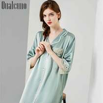 2022 New Shirt Style Real Silk Sleeping Dress Spring Summer Heavy Pound Mulberry Silk Pajamas Pure Color Middle Sleeve Home Clothes