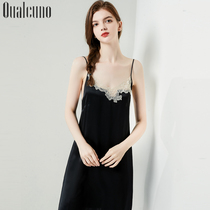 QUALCUNO sexy real silk sleeping skirt woman Summer harnesses Sleeping Clothes Heavy sayings silk lace silk lace home clothes
