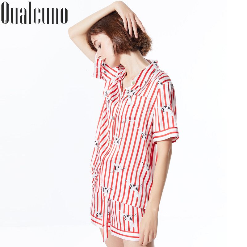 qualcuno silk pajamas women's summer short-sleeved shorts silk suit heavy mulberry silk striped home wear