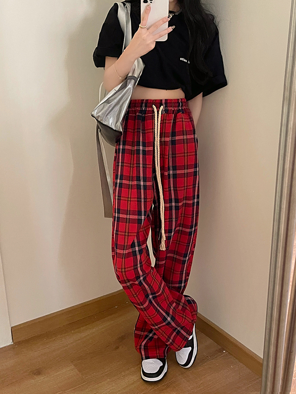 Plus Size Extra Large 100kg Red Plaid Wide-Leg Pants for Women, Summer Loose Fit, Slimming Straight-Leg Drapey Casual Pants2