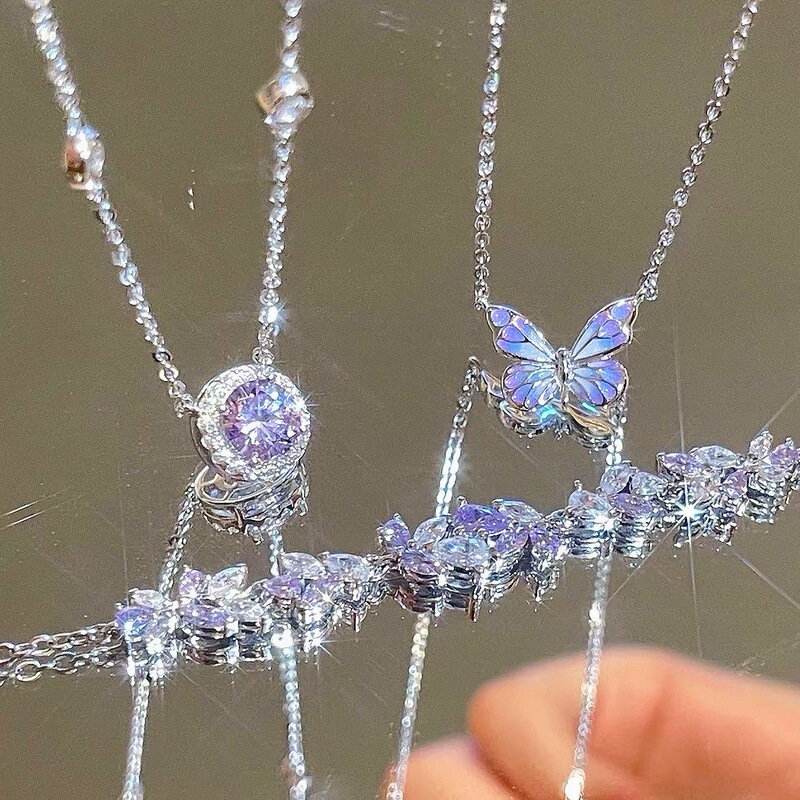 Purple Star-Studded Necklace with Butterfly and Wisteria Flower Design, High-End Niche Design, Light Luxury Gift for Girls