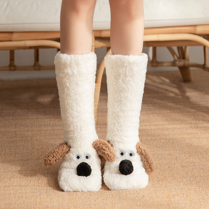 Cute Puppy Plush Mid-Calf Socks, Thickened for Winter Warmth, Home Long Socks, Foot Warming Magic, Non-Slip Floor Socks