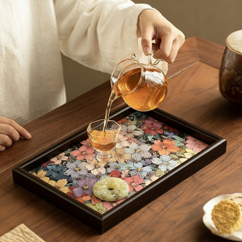 Flourishing and Lush Wooden Tea Tray for Living Room Entryway, Creative Desktop Storage Tray, Household Snack Tray, Jewelry Storage Tray