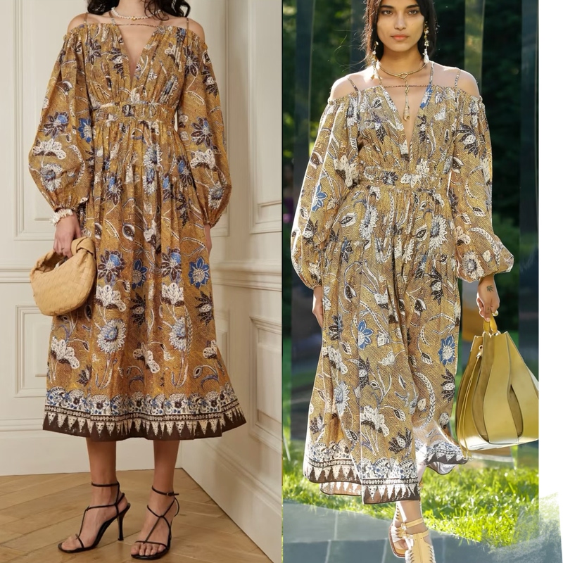 American High-Quality Uj Pure Cotton Vintage-Style Off-Shoulder Long-Sleeve Mid-Length Printed Waist-Cinching Dress