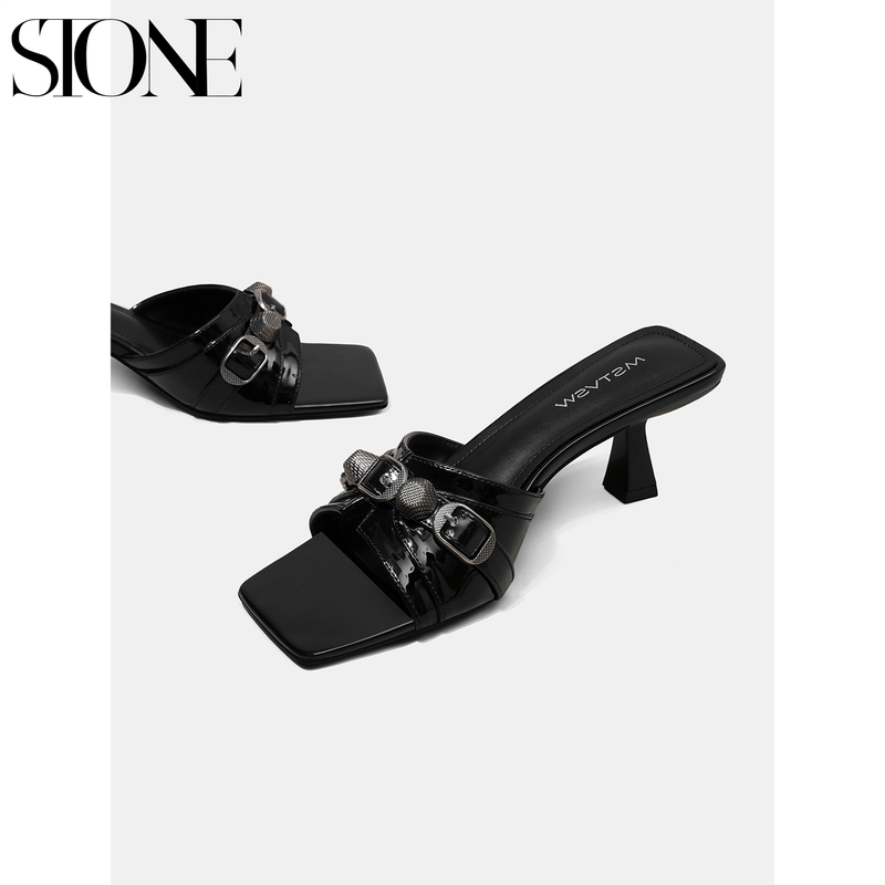 Stone Home French-Style Studded Patent Leather Open-Toe Sandals for Women, Versatile and Stylish High-Heeled Sandals for Summer, Comfortable for Feet Stone Home French-Style Studded Patent Leather Open-Toe Sandals for Women, Versatile and Stylish High-Heeled Sandals for Summer, Comfortable for Feet