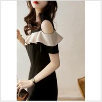Foreign trade 2024 new summer style temperament color matching three-dimensional ruffle skirt acetate one-sided off-shoulder dress