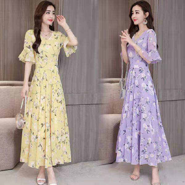 2023 New Printed Dress Summer V Neck Long Style Women's Fashion Slimming and Stylish Korean Style Large Size Beach Dress Trendy