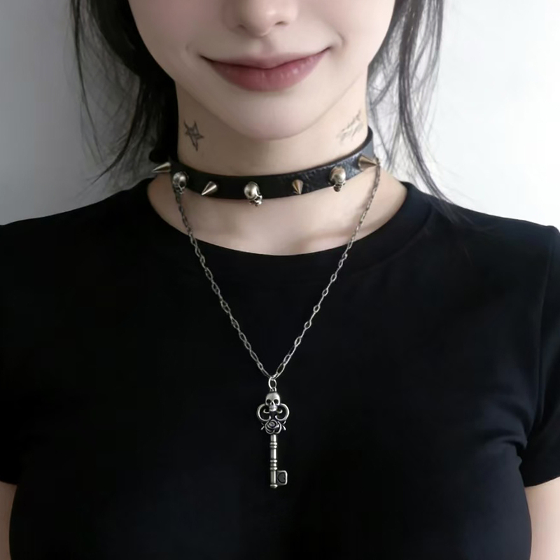 Mbn Original Leather Choker Necklace Layered Bracelet Multi-Wear Skull Punk Subculture High Street